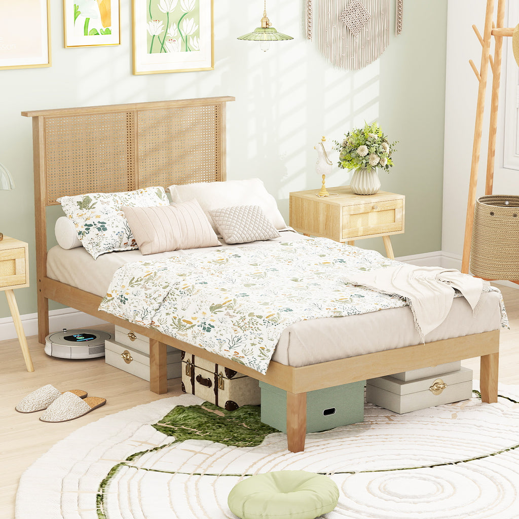 Twin/Full/Queen Size Bed Frame with Rattan Headboard-Twin Size