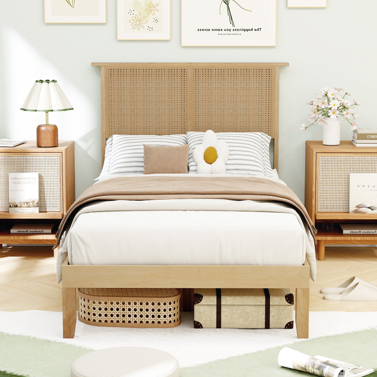 Twin/Full/Queen Size Bed Frame with Rattan Headboard-Twin Size