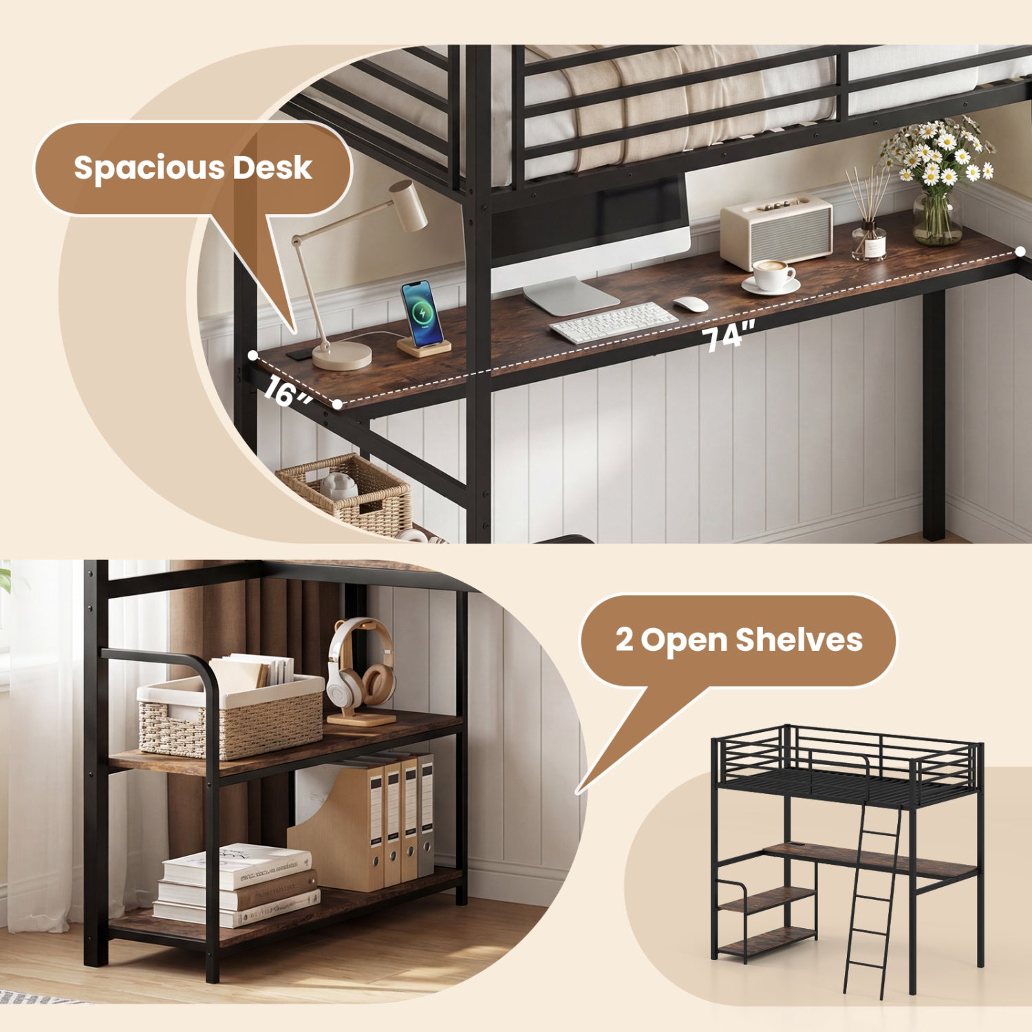 Twin Loft Bed with Desk and Shelves for Kids and Adults-Rustic Brown