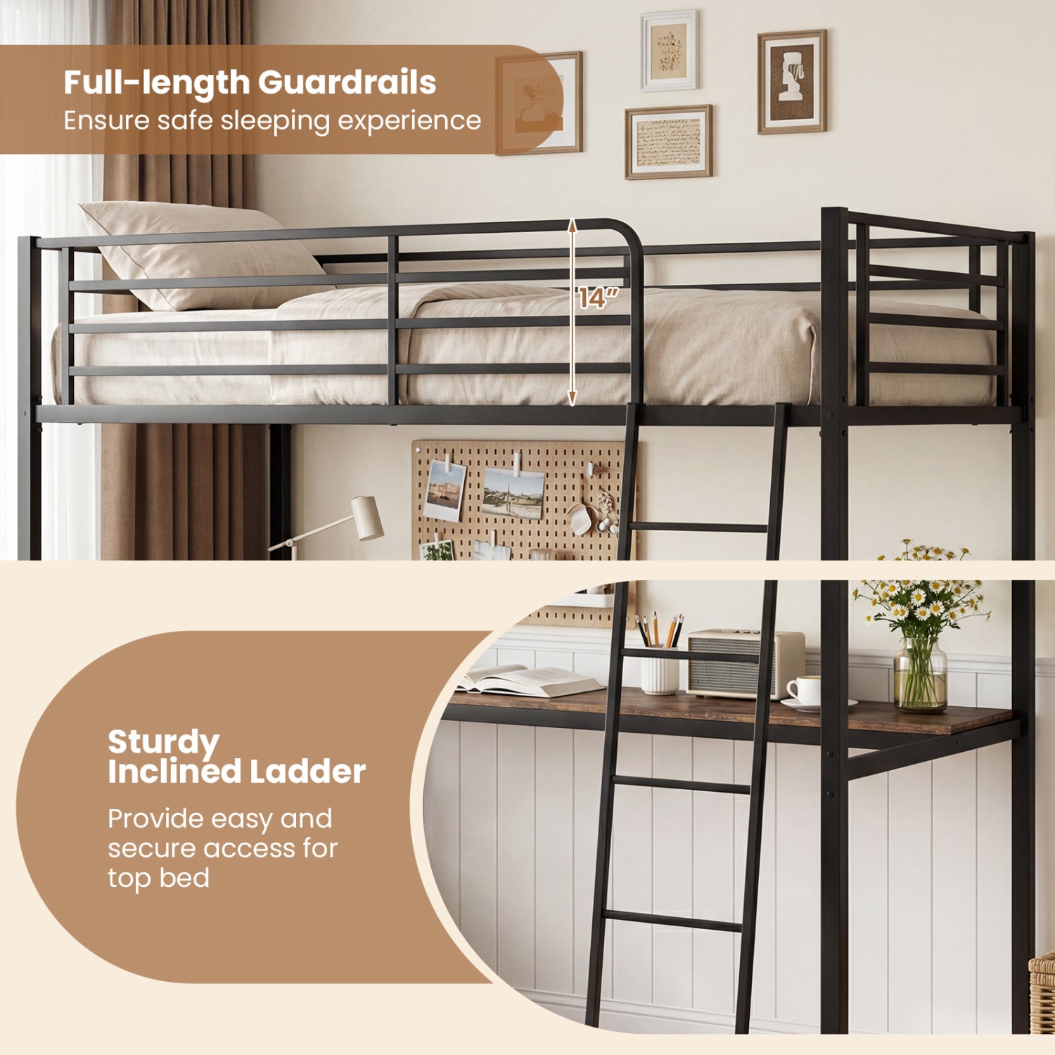 Twin Loft Bed with Desk and Shelves for Kids and Adults-Rustic Brown