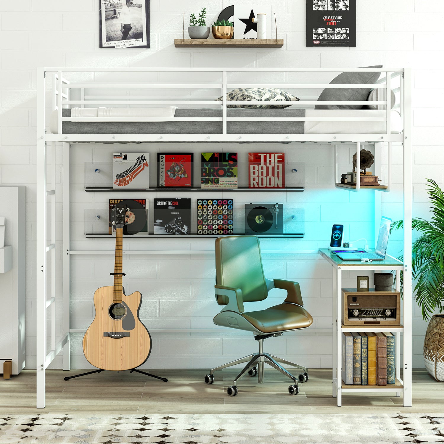 Twin Loft Bed with Desk LED Lights Charging Station Heavy-duty Metal Bed Frame with Guardrail-White