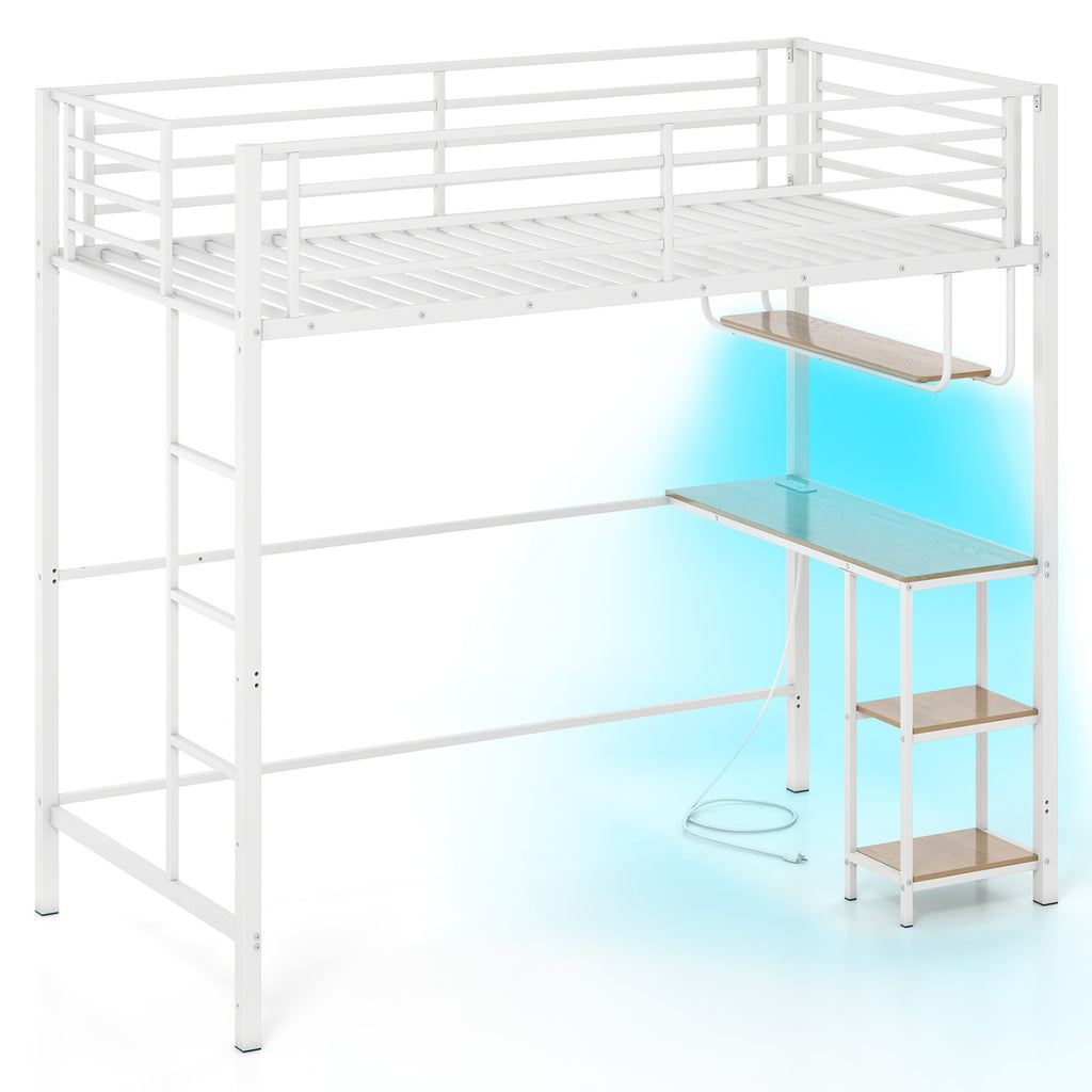 Twin Loft Bed with Desk LED Lights Charging Station Heavy-duty Metal Bed Frame with Guardrail-White