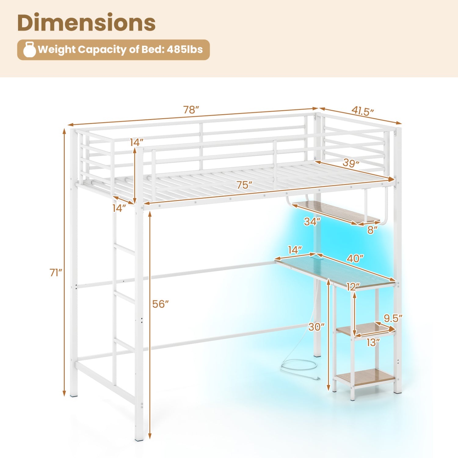 Twin Loft Bed with Desk LED Lights Charging Station Heavy-duty Metal Bed Frame with Guardrail-White