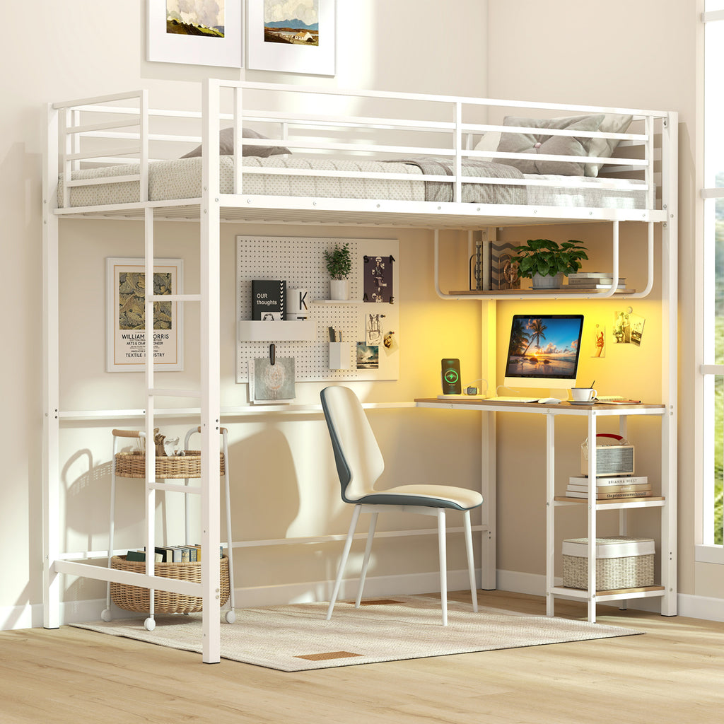 Twin Loft Bed with Desk LED Lights Charging Station Heavy-duty Metal Bed Frame with Guardrail-White