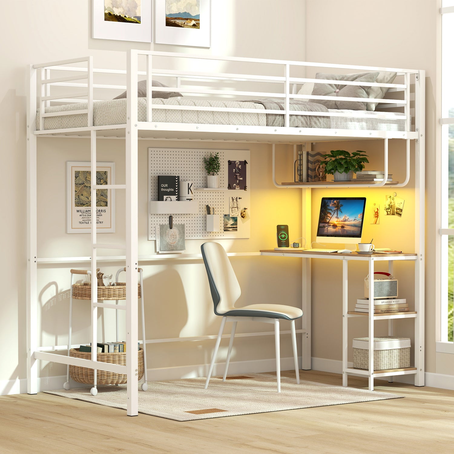 Twin Loft Bed with Desk LED Lights Charging Station Heavy-duty Metal Bed Frame with Guardrail-White