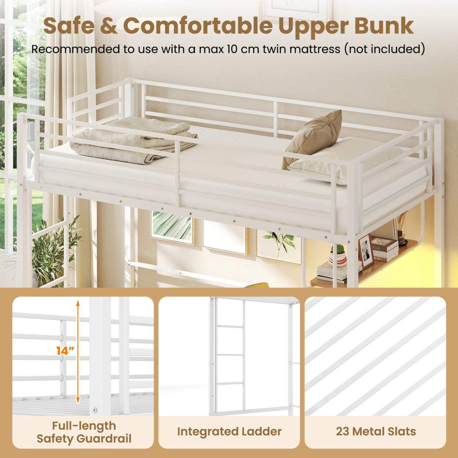 Twin Loft Bed with Desk LED Lights Charging Station Heavy-duty Metal Bed Frame with Guardrail-White