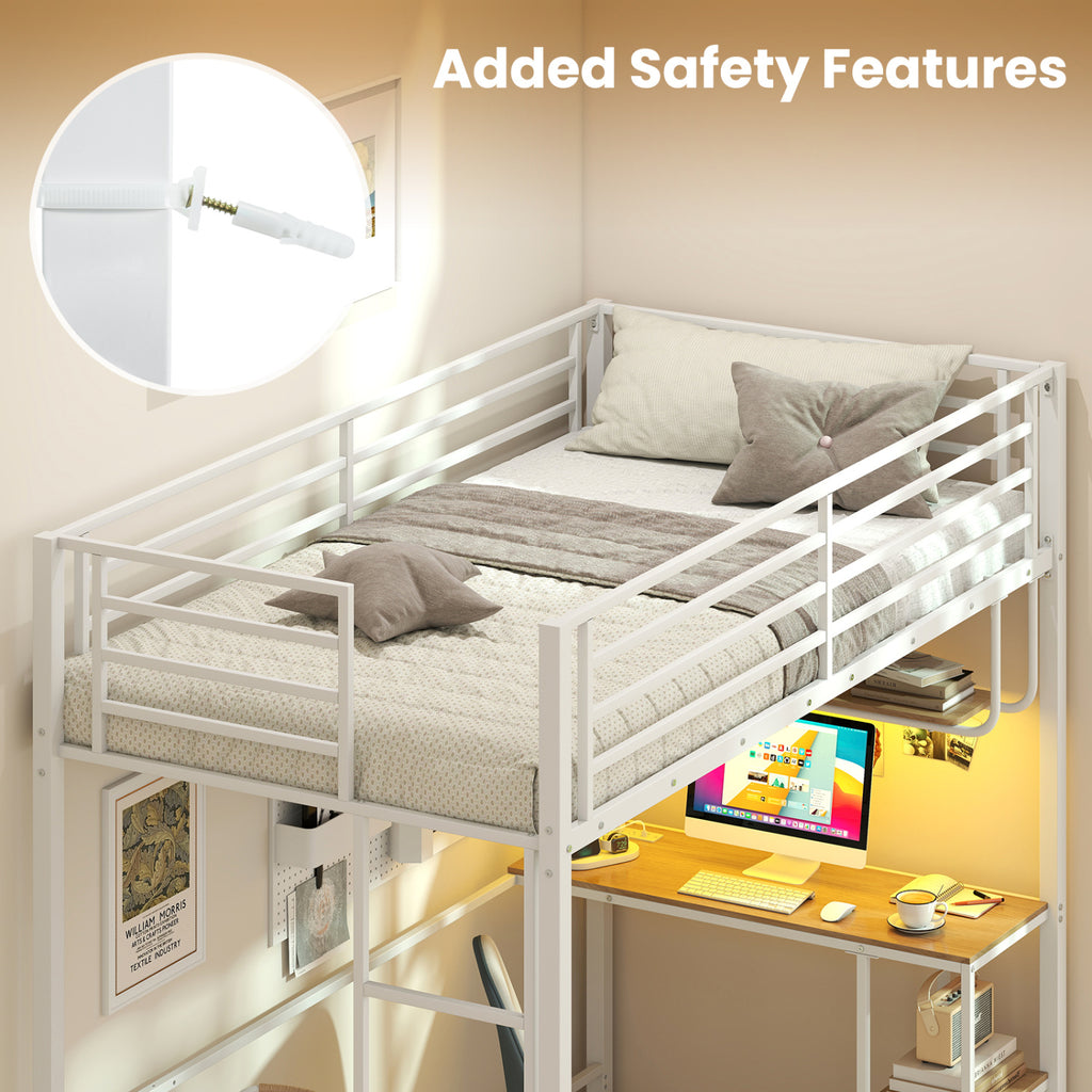 Twin Loft Bed with Desk LED Lights Charging Station Heavy-duty Metal Bed Frame with Guardrail-White