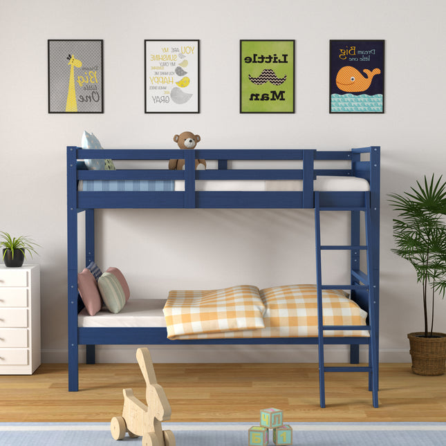 Twin Over Twin Bunk Bed Convertible 2 Individual Beds Wooden -Navy