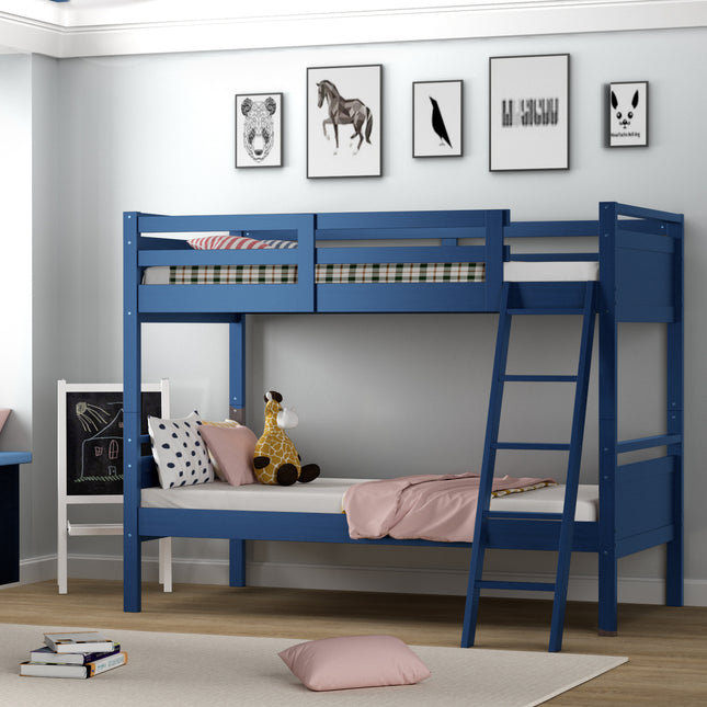 Twin Over Twin Bunk Bed Convertible 2 Individual Beds Wooden -Navy