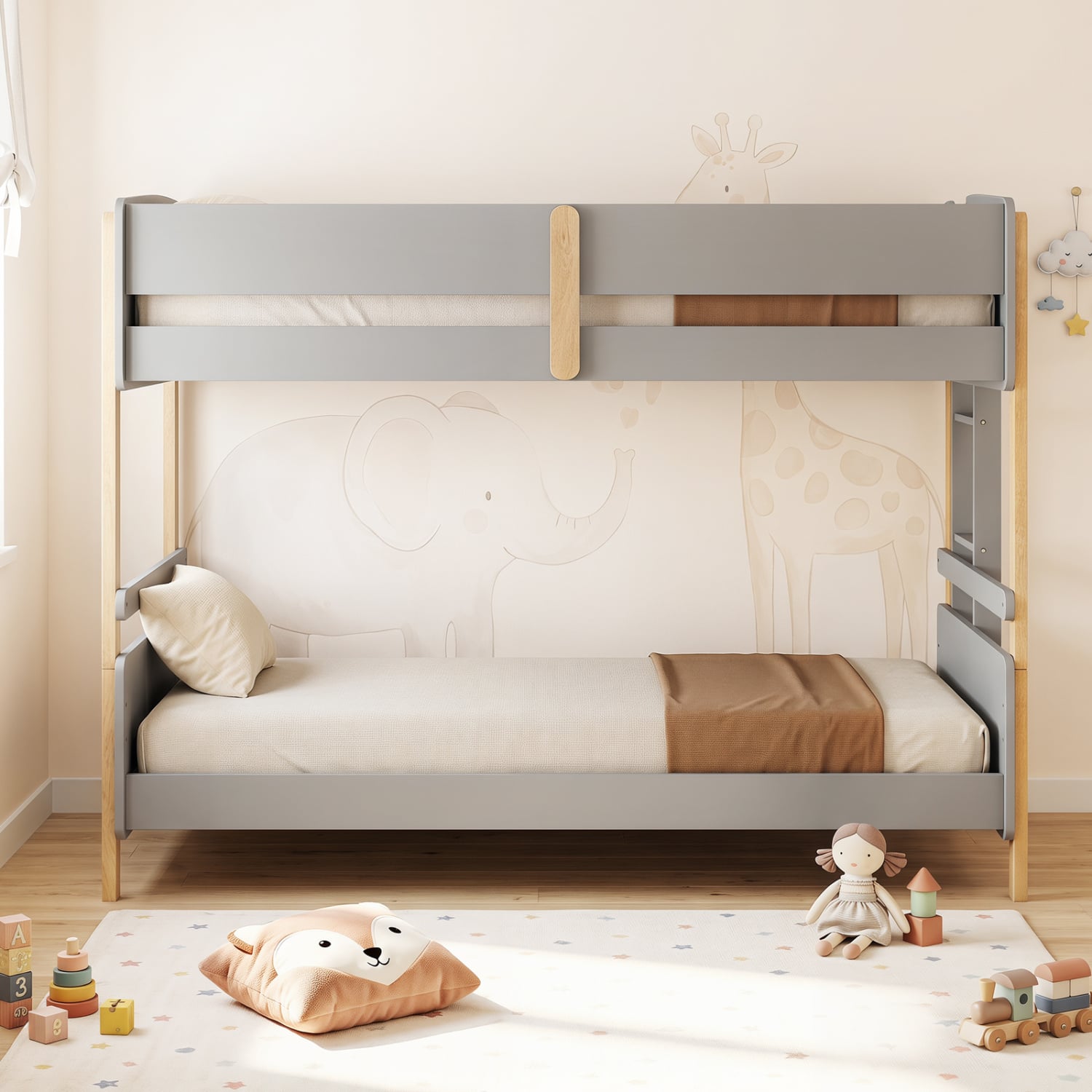 Twin Over Twin Bunk Bed with Ladder Convertible to 2 Twin Beds Toddler Wood Bunk Bed-Grey