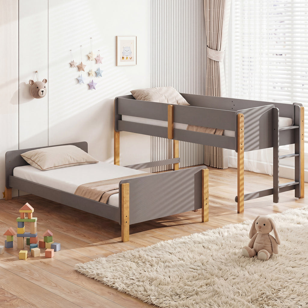 Twin Over Twin Bunk Bed with Ladder Convertible to 2 Twin Beds Toddler Wood Bunk Bed-Grey