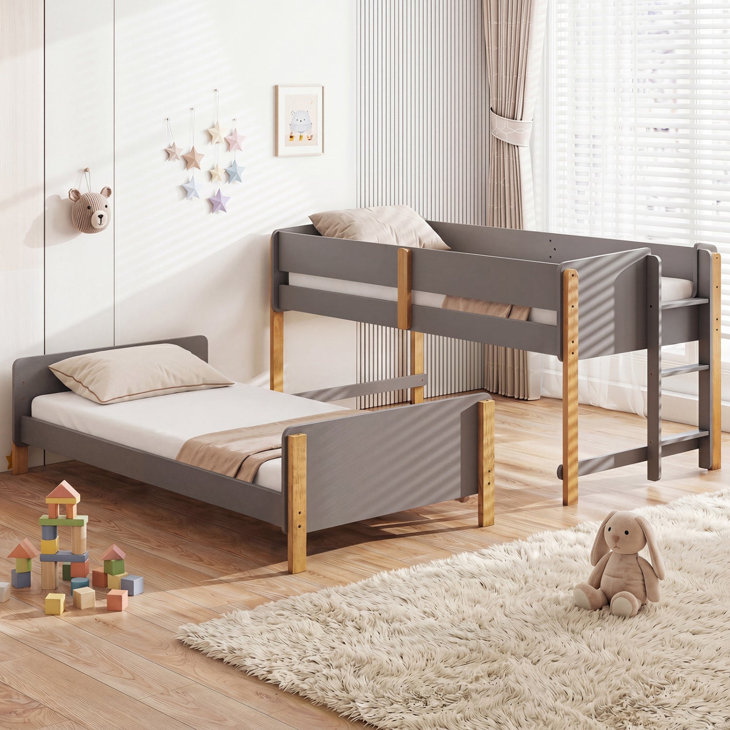 Twin Over Twin Bunk Bed with Ladder Convertible to 2 Twin Beds Toddler Wood Bunk Bed-Grey