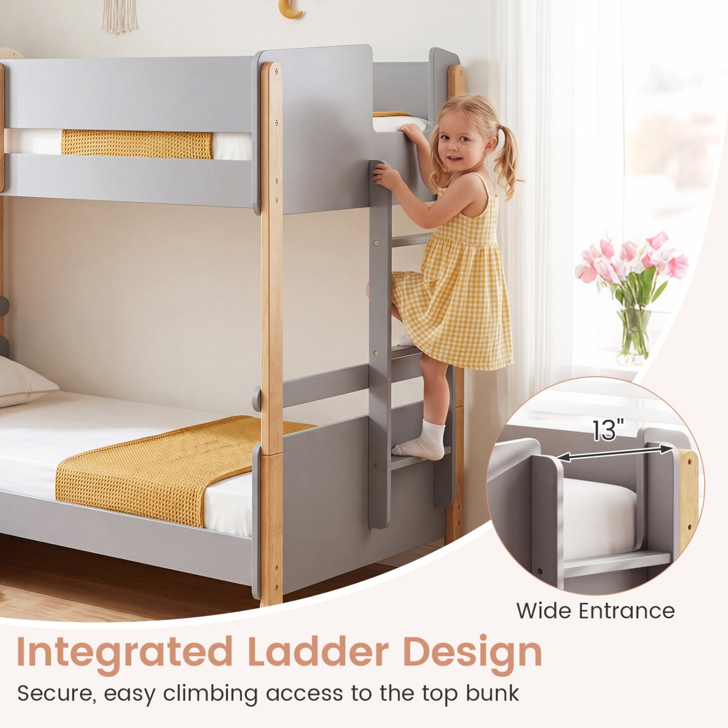 Twin Over Twin Bunk Bed with Ladder Convertible to 2 Twin Beds Toddler Wood Bunk Bed-Grey