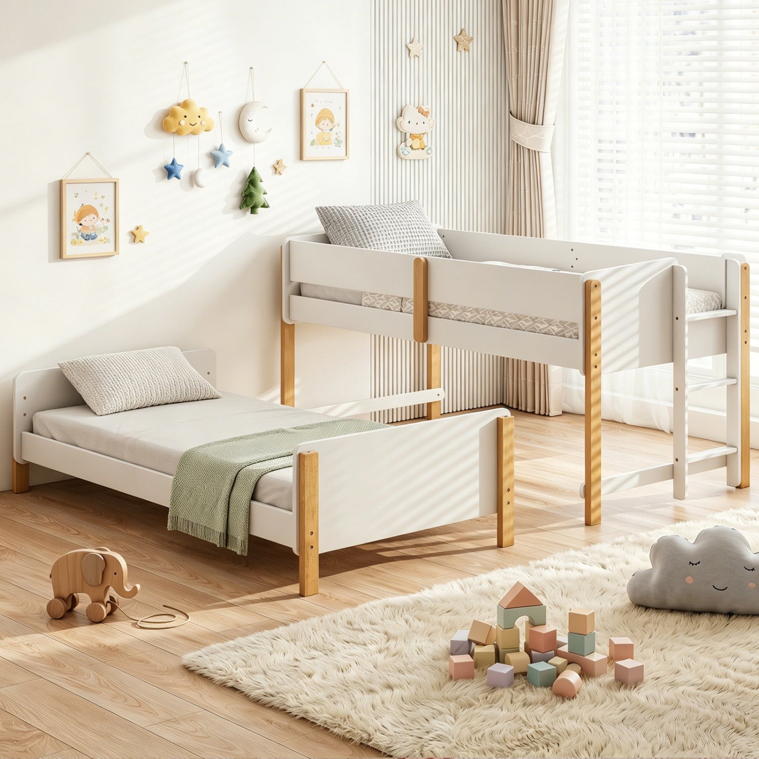 Twin Over Twin Bunk Bed with Ladder Convertible to 2 Twin Beds Toddler Wood Bunk Bed-White