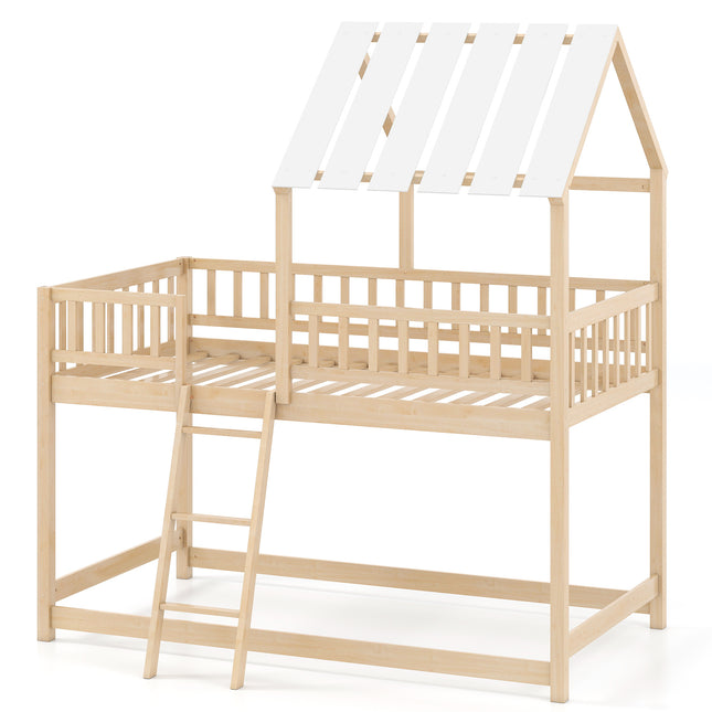 Twin Over Twin House Bunk Bed with Roof and Full-length Guardrails for Kids Teens Boys Girls-Natural