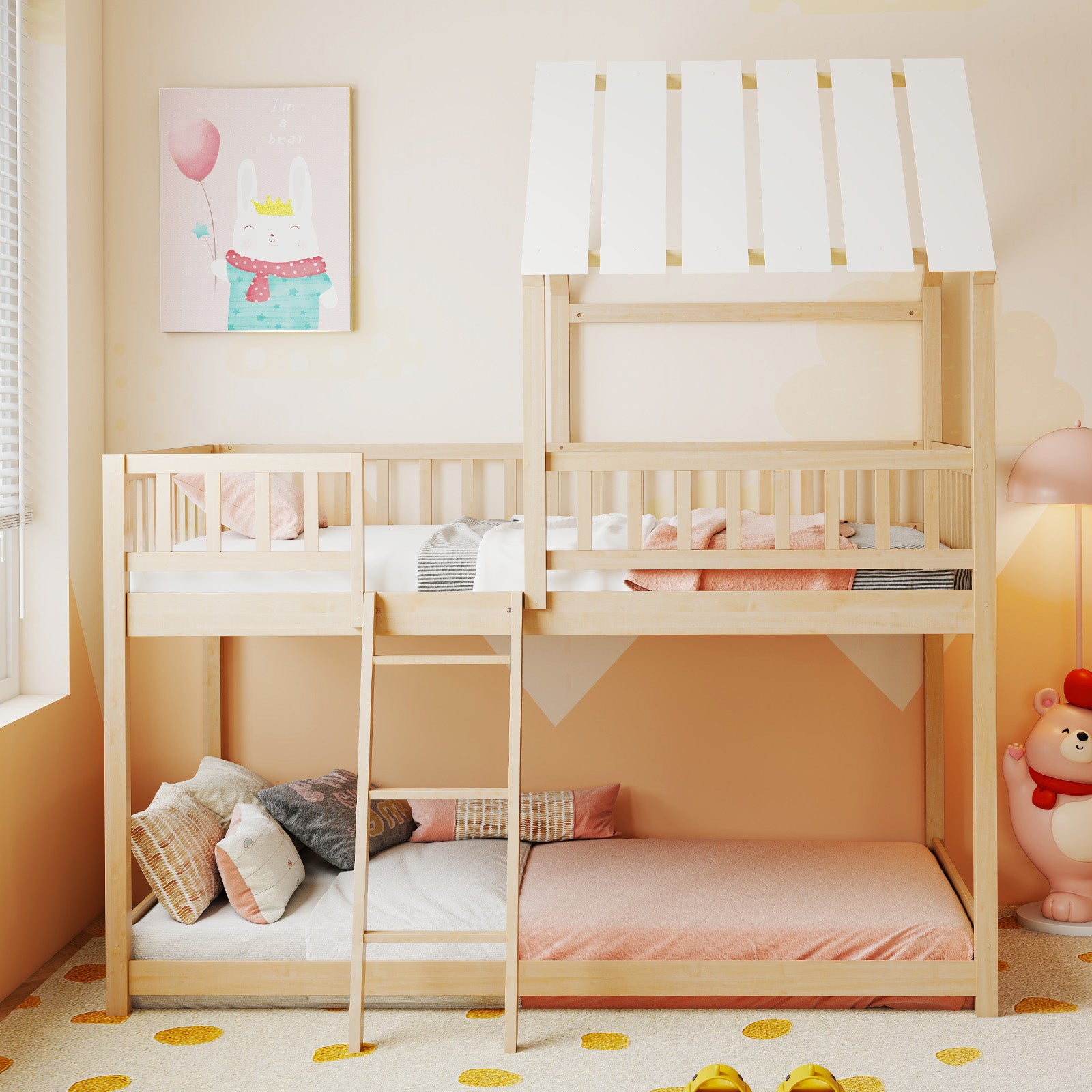Twin Over Twin House Bunk Bed with Roof and Full-length Guardrails for Kids Teens Boys Girls-Natural