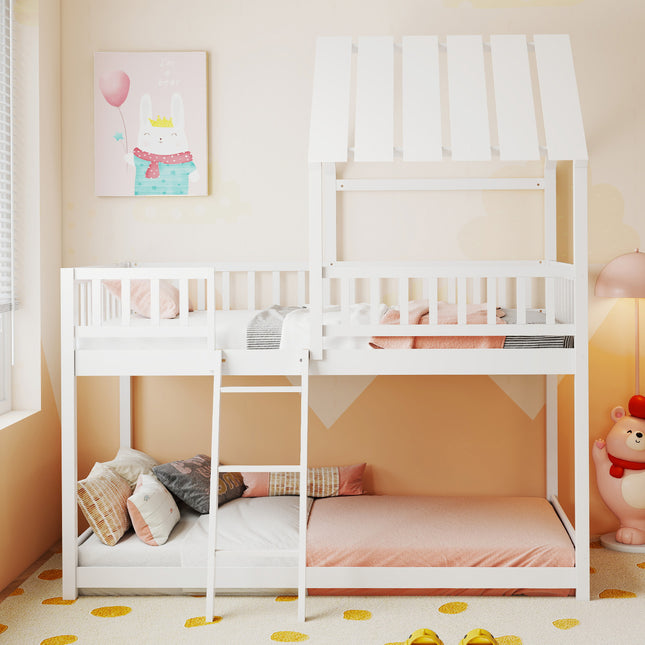 Twin Over Twin House Bunk Bed with Roof and Full-length Guardrails for Kids Teens Boys Girls-White