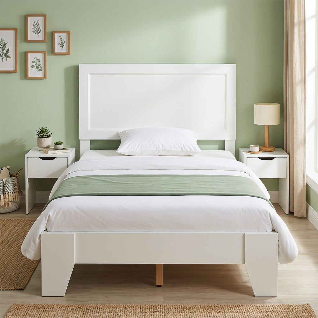 Twin Size Bed Frame with Headboard for Small Room No Box Spring Needed-White