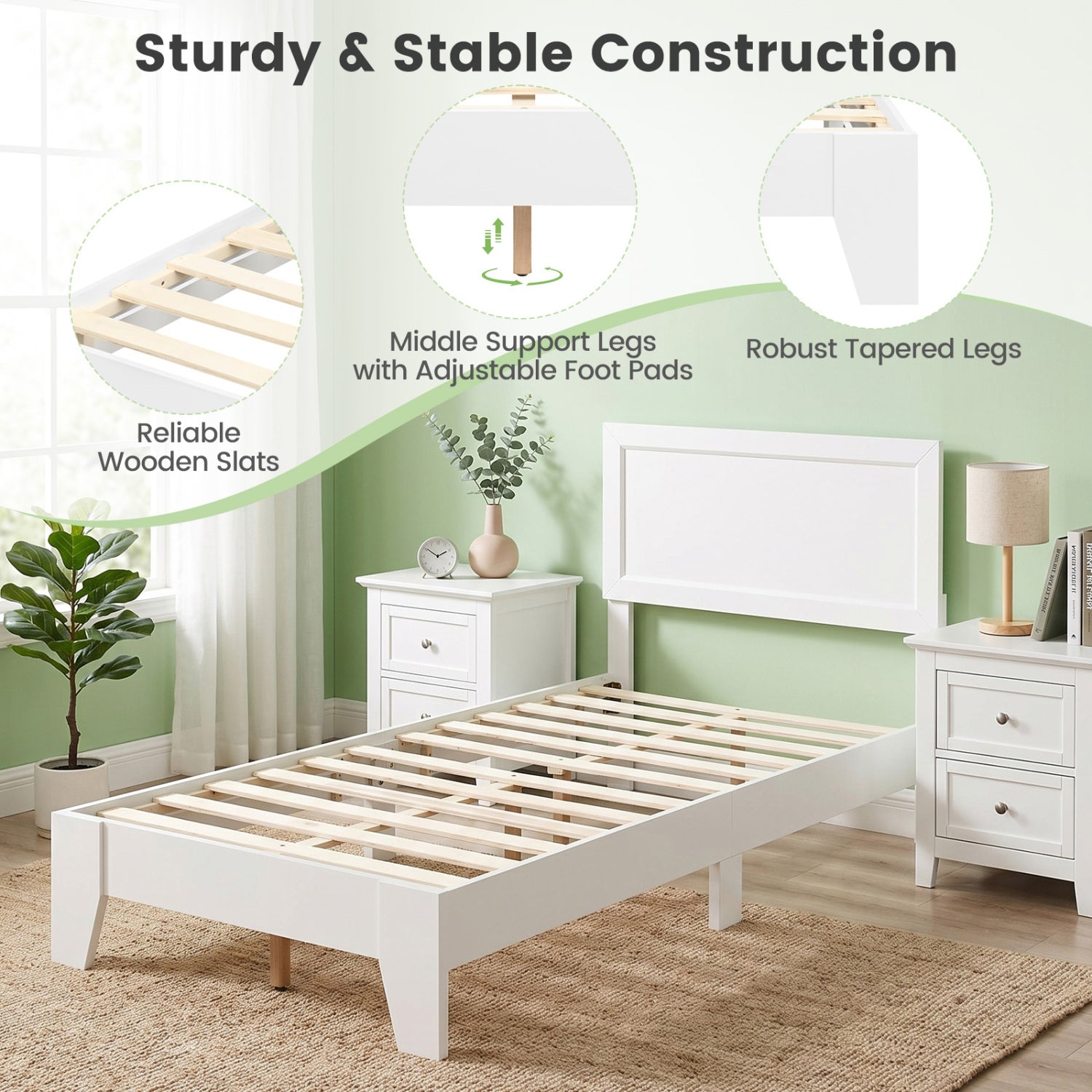 Twin Size Bed Frame with Headboard for Small Room No Box Spring Needed-White