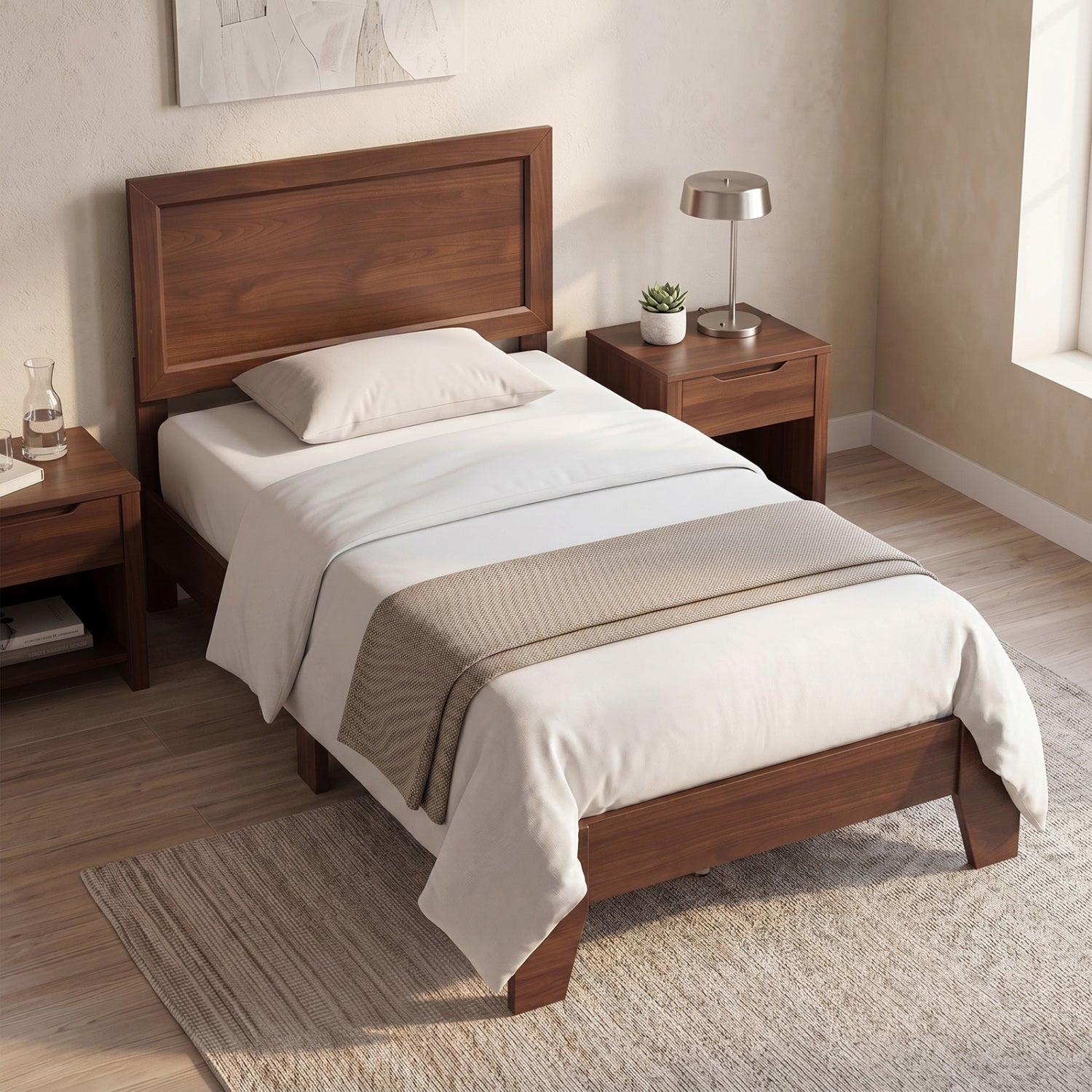 Twin Size Bed Frame with Headboard for Small Room No Box Spring Needed-Walnut