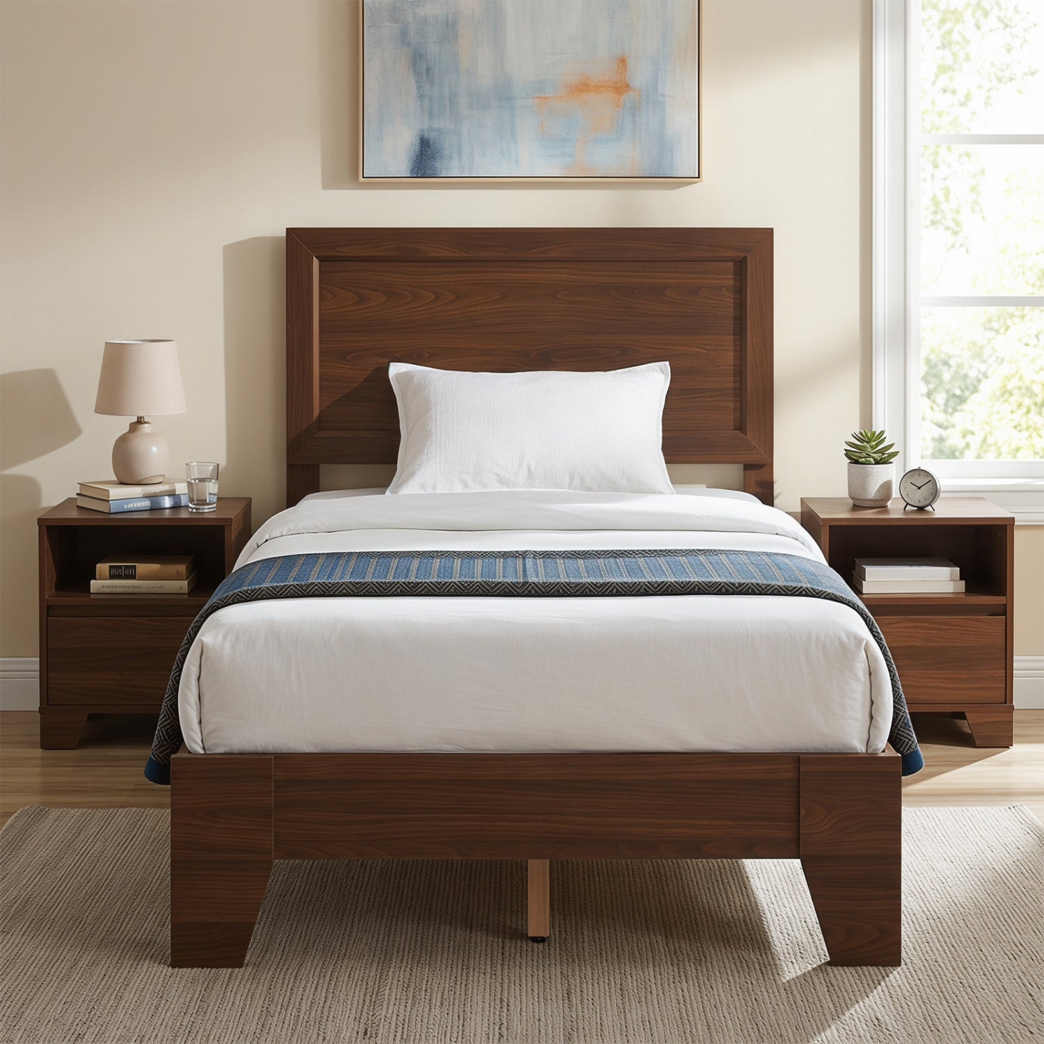 Twin Size Bed Frame with Headboard for Small Room No Box Spring Needed-Walnut