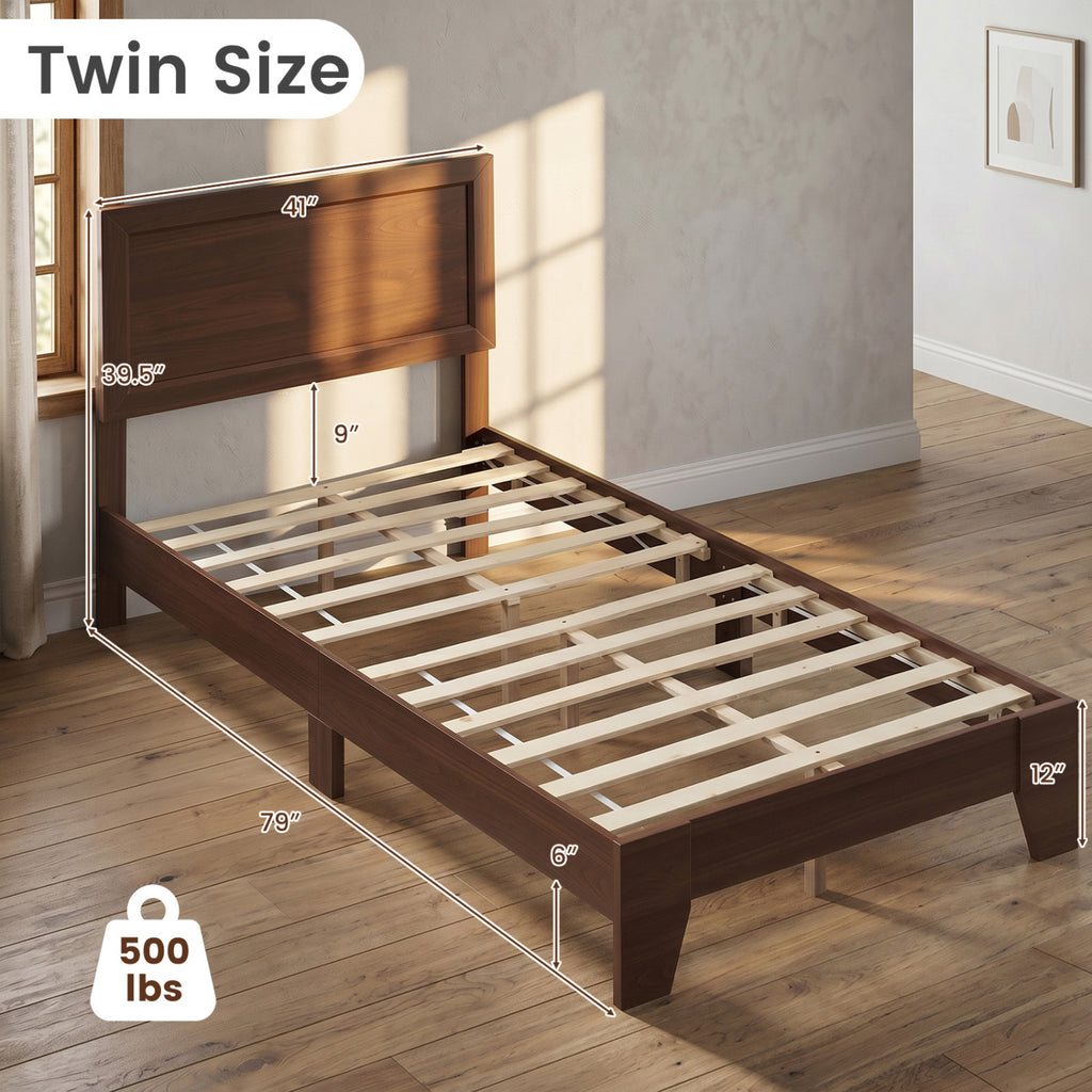 Twin Size Bed Frame with Headboard for Small Room No Box Spring Needed-Walnut