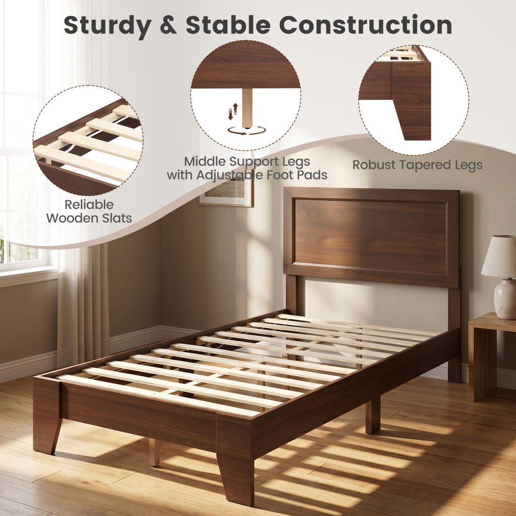 Twin Size Bed Frame with Headboard for Small Room No Box Spring Needed-Walnut