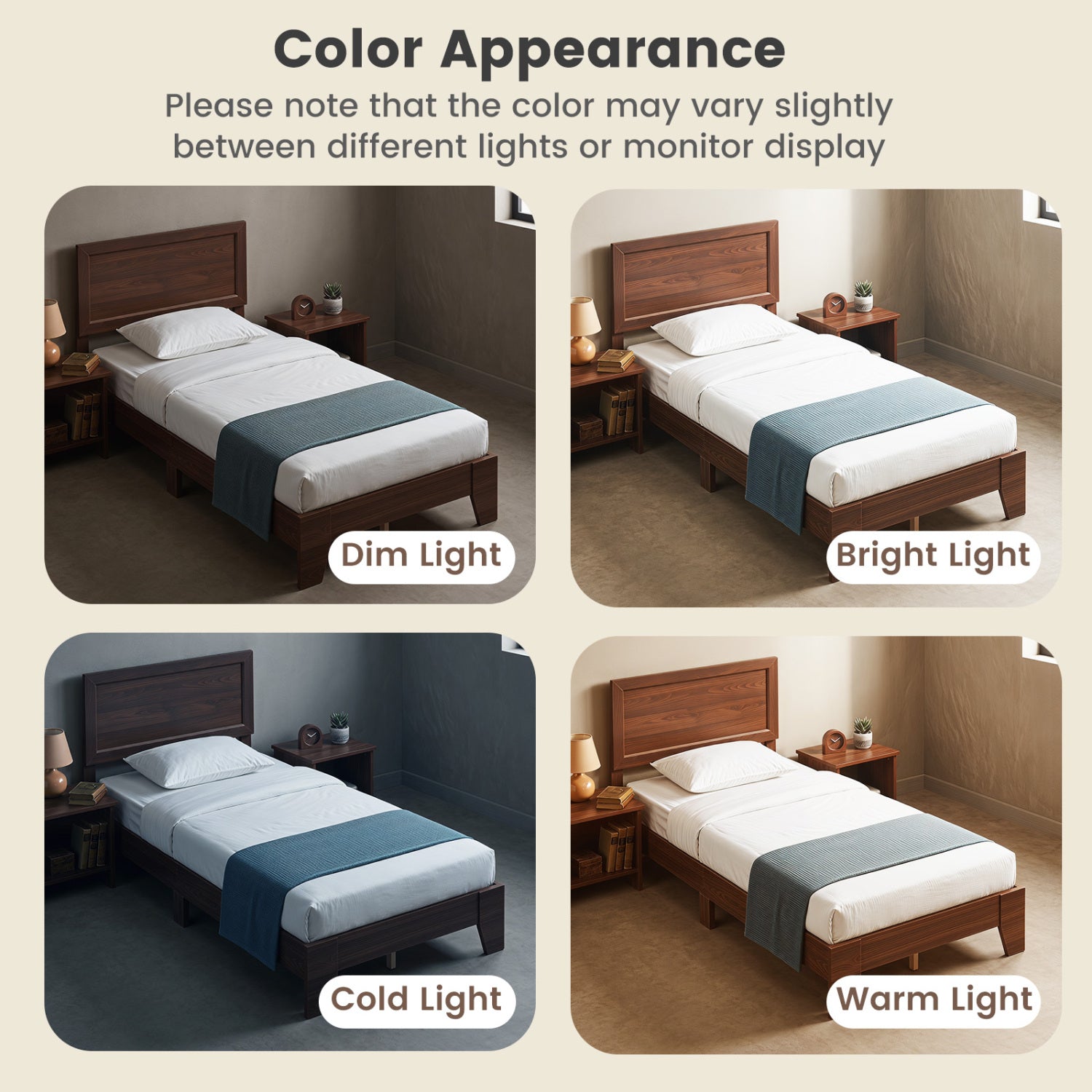 Twin Size Bed Frame with Headboard for Small Room No Box Spring Needed-Walnut