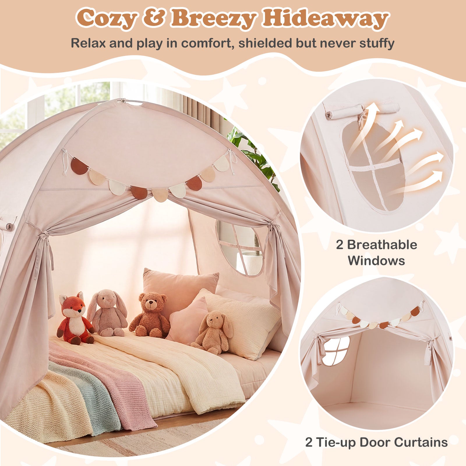 Twin Size Indoor Canopy Tent for Kids with 2 Window and Suits 3+-Beige