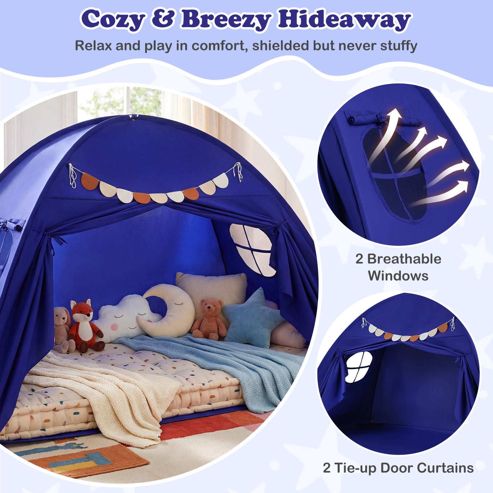 Twin Size Indoor Canopy Tent for Kids with 2 Window and Suits 3+-Navy
