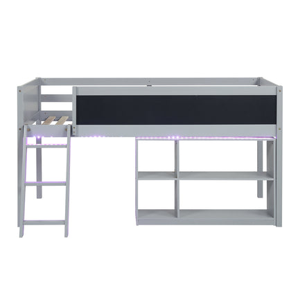 Twin Size Kids Loft Bed with LED Lights and Removable Bookcase-Gray