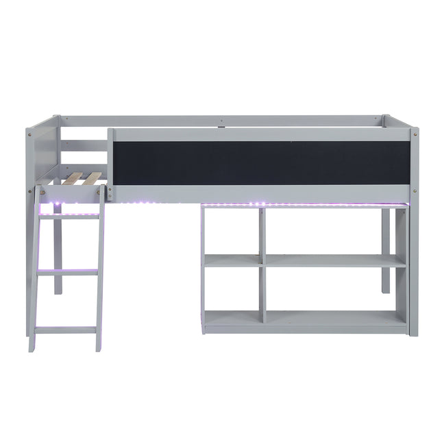 Twin Size Kids Loft Bed with LED Lights and Removable Bookcase-Gray