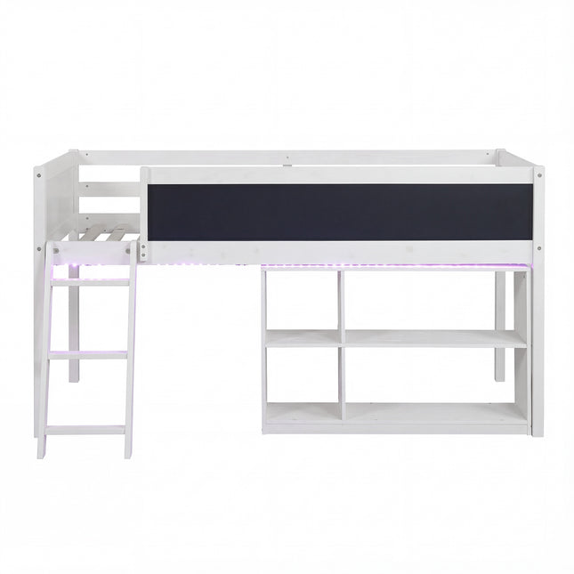 Twin Size Kids Loft Bed with LED Lights and Removable Bookcase-White
