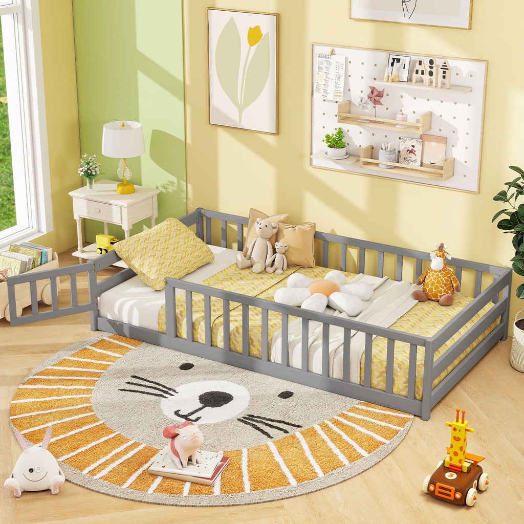 Twin Size Kids Wood Montessori Floor Bed with Door and Fence-Gray