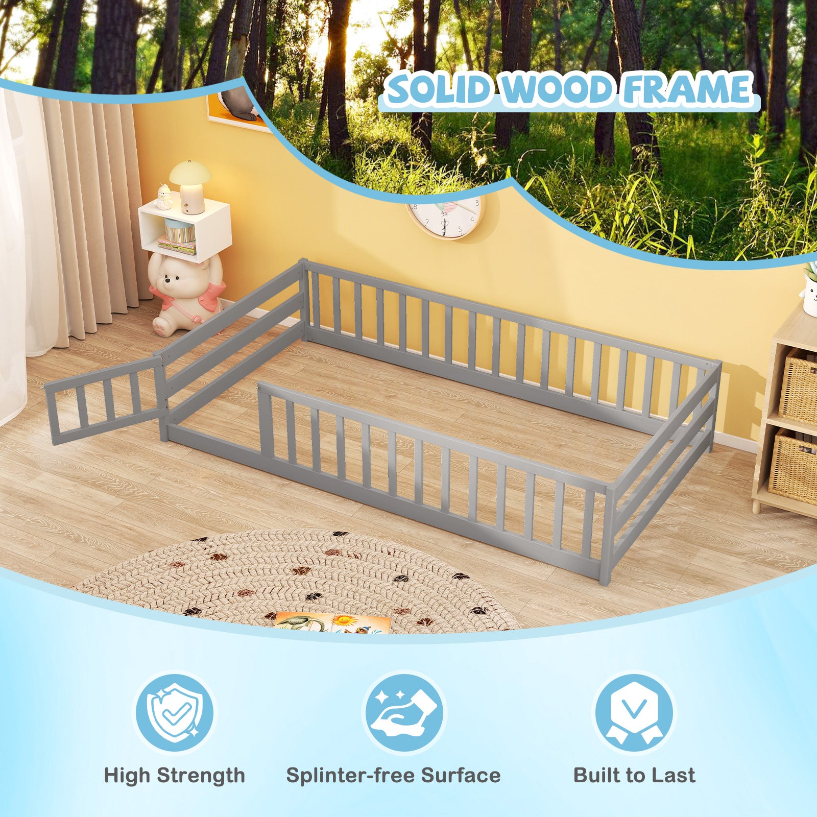 Twin Size Kids Wood Montessori Floor Bed with Door and Fence-Gray