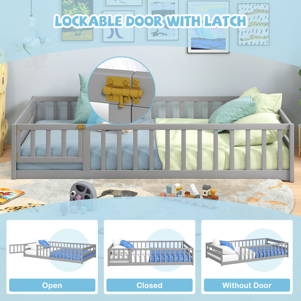 Twin Size Kids Wood Montessori Floor Bed with Door and Fence-Gray