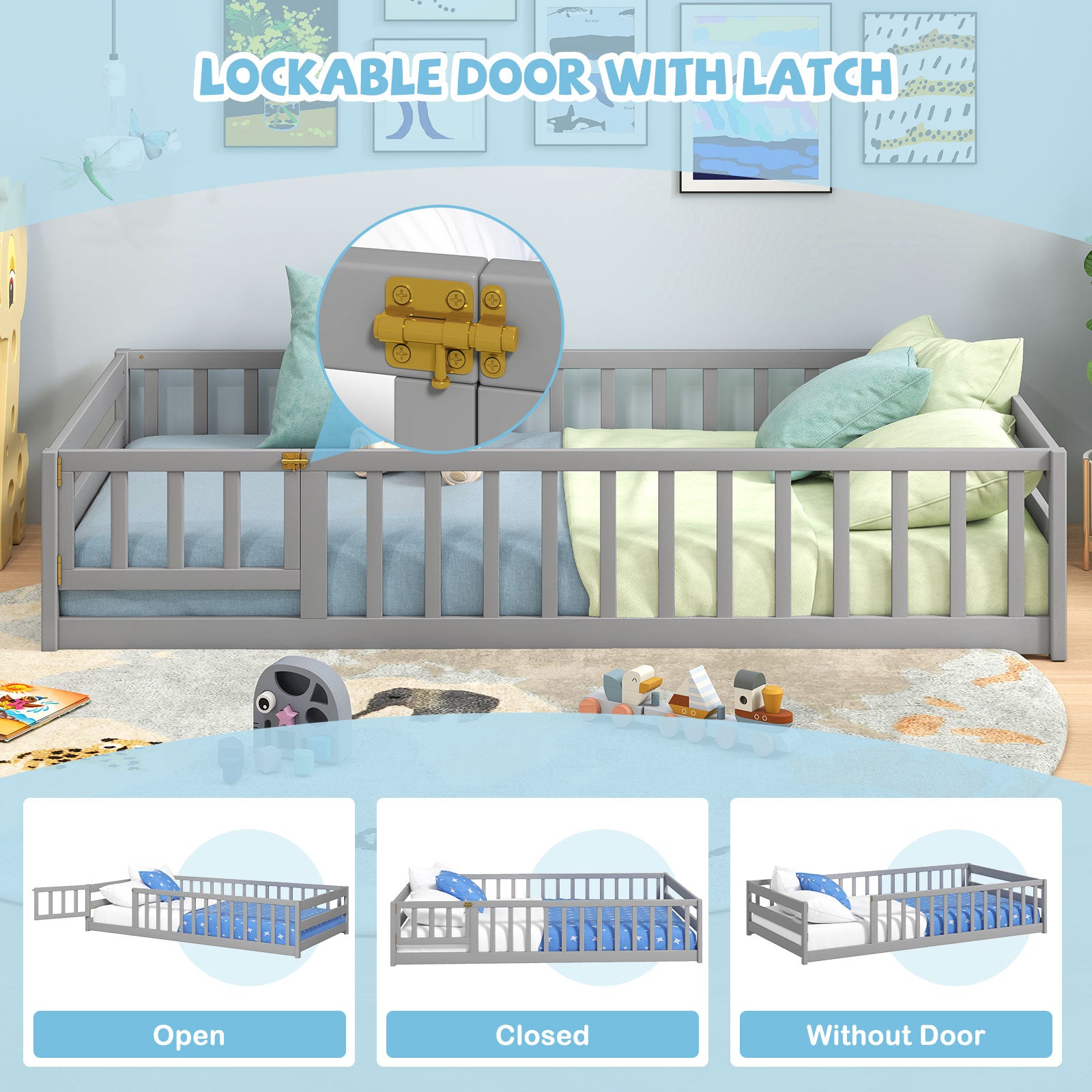 Twin Size Kids Wood Montessori Floor Bed with Door and Fence-Gray