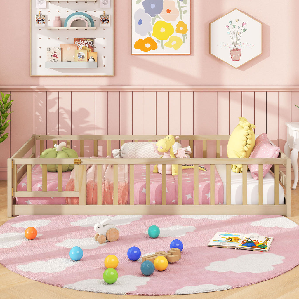 Twin Size Kids Wood Montessori Floor Bed with Door and Fence-Natural