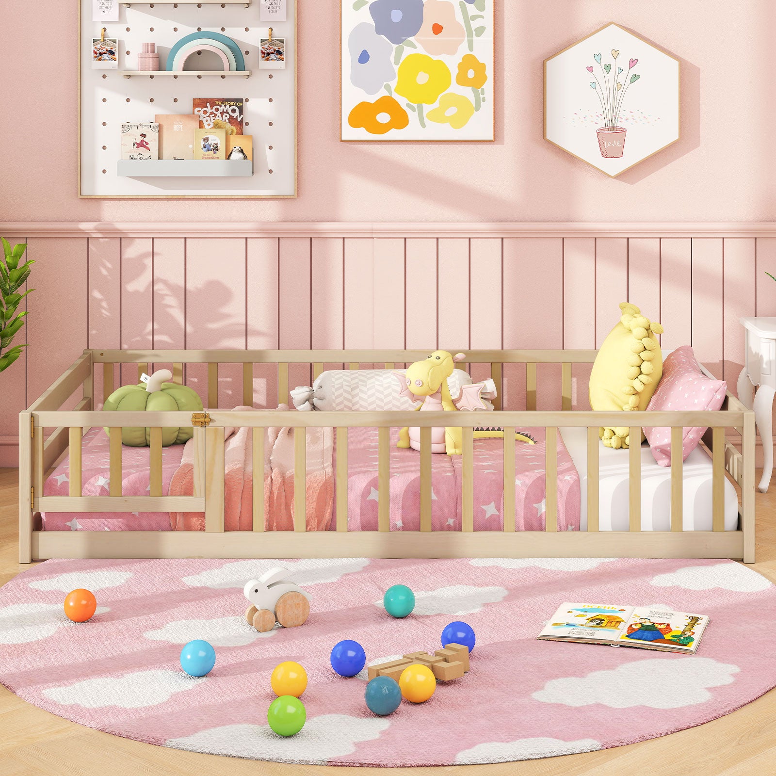 Twin Size Kids Wood Montessori Floor Bed with Door and Fence-Natural