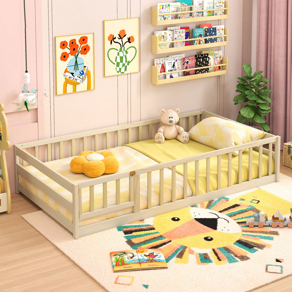 Twin Size Kids Wood Montessori Floor Bed with Door and Fence-Natural