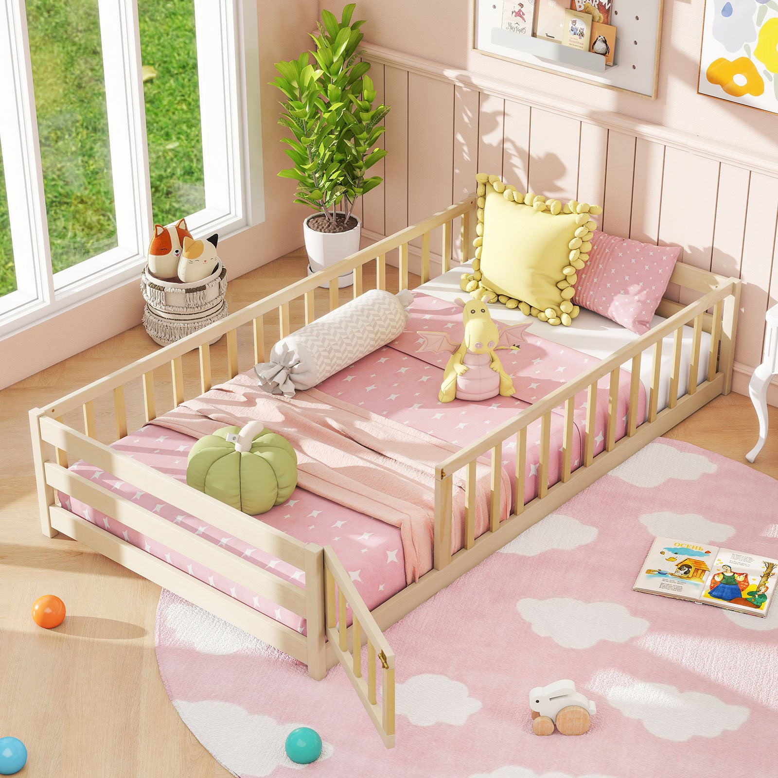 Twin Size Kids Wood Montessori Floor Bed with Door and Fence-Natural