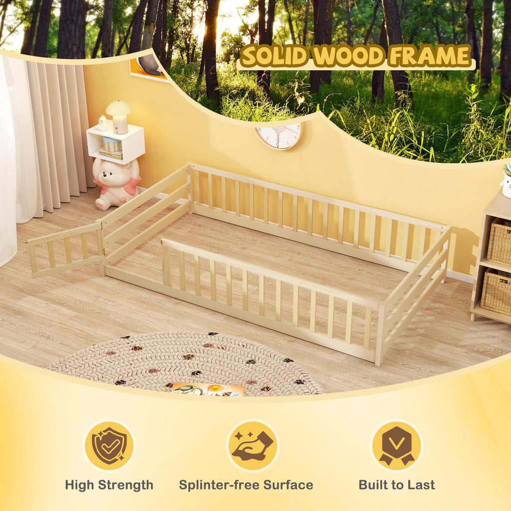 Twin Size Kids Wood Montessori Floor Bed with Door and Fence-Natural