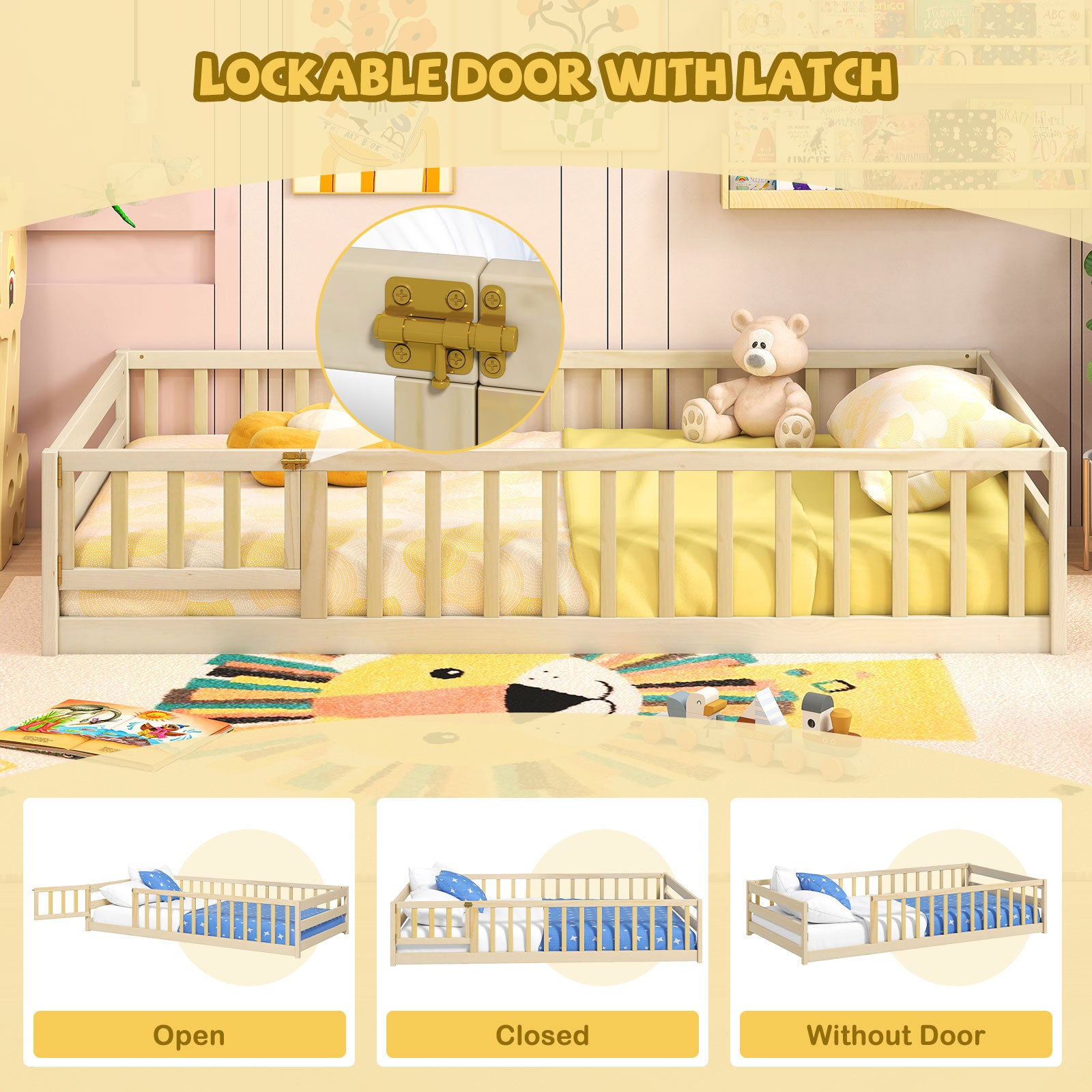 Twin Size Kids Wood Montessori Floor Bed with Door and Fence-Natural