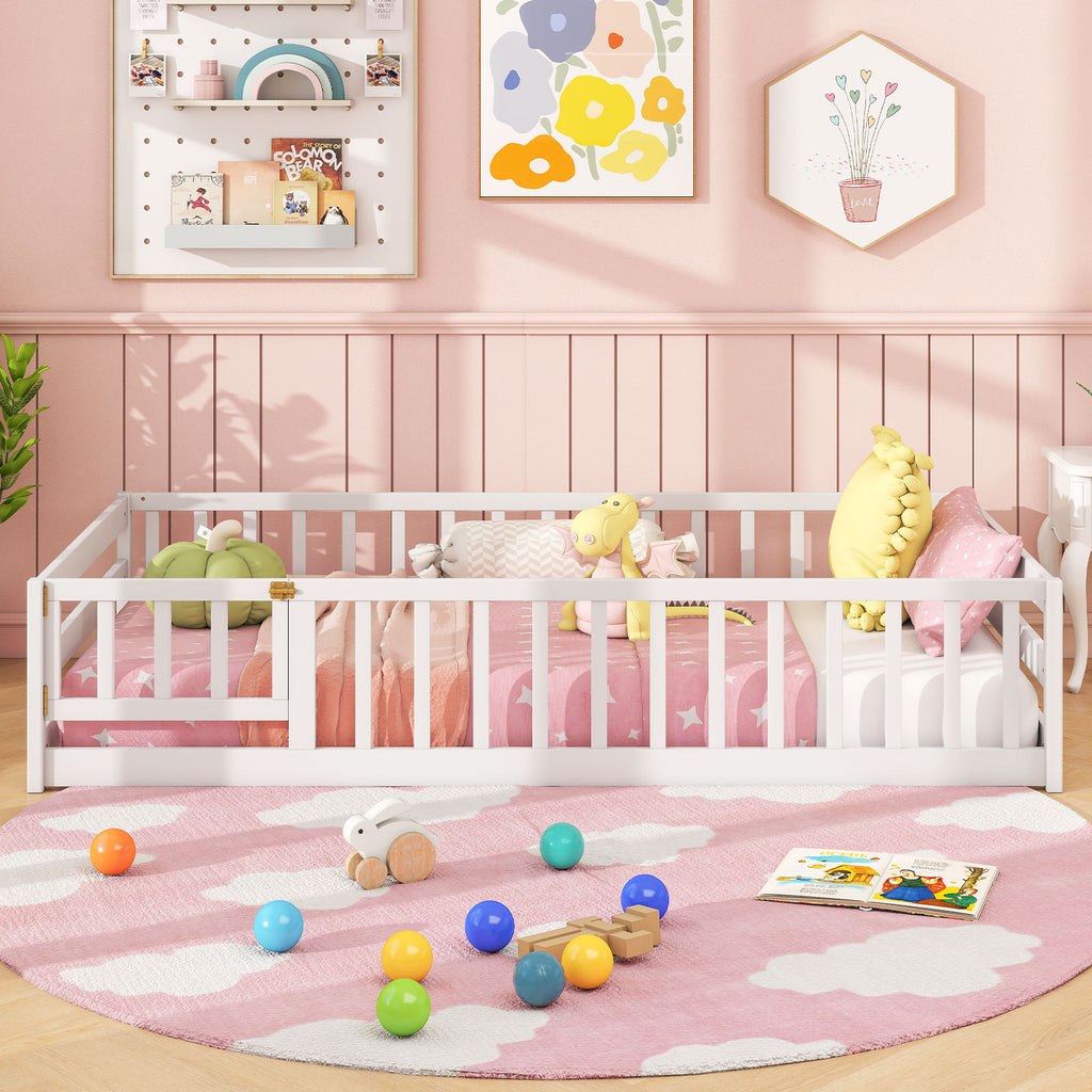 Twin Size Kids Wood Montessori Floor Bed with Door and Fence-White