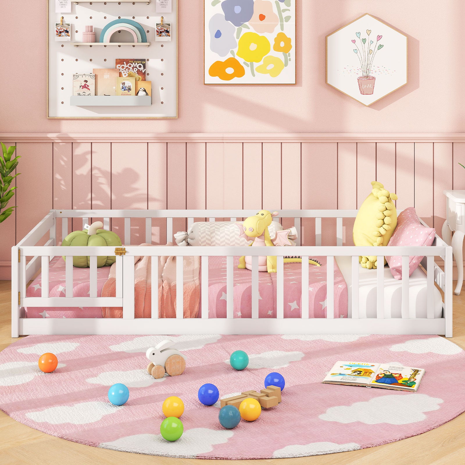 Twin Size Kids Wood Montessori Floor Bed with Door and Fence-White