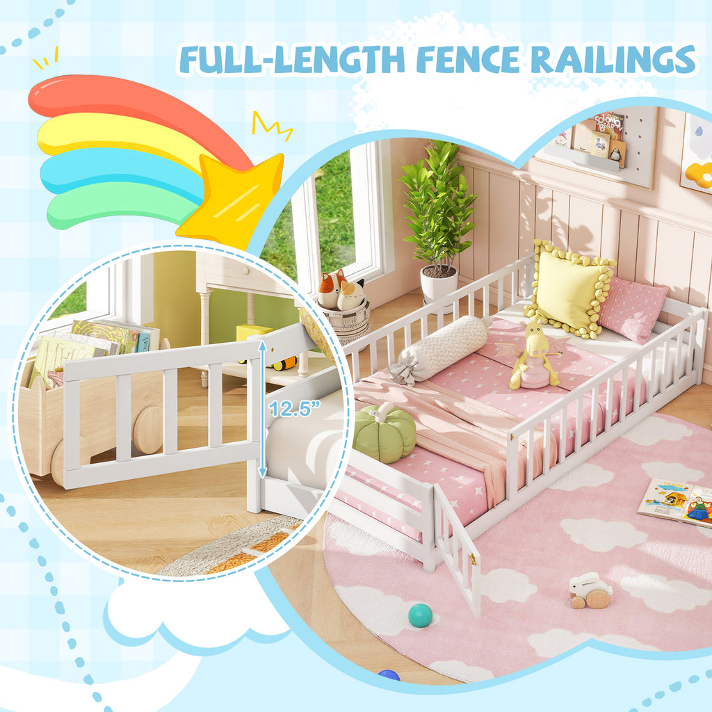 Twin Size Kids Wood Montessori Floor Bed with Door and Fence-White