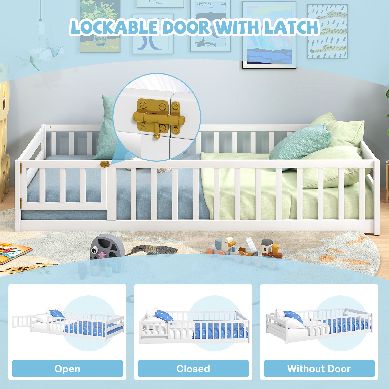 Twin Size Kids Wood Montessori Floor Bed with Door and Fence-White