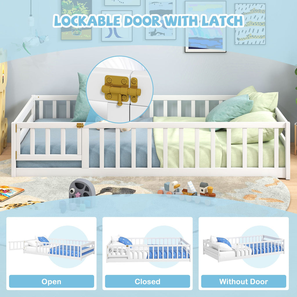 Twin Size Kids Wood Montessori Floor Bed with Door and Fence-White