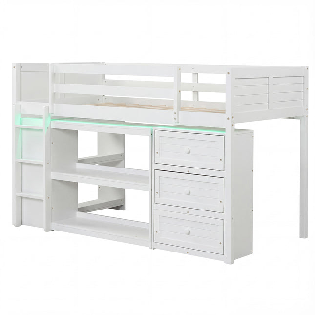 Twin Size Loft Bed with LED Lights and Underbed Space for Kids-White