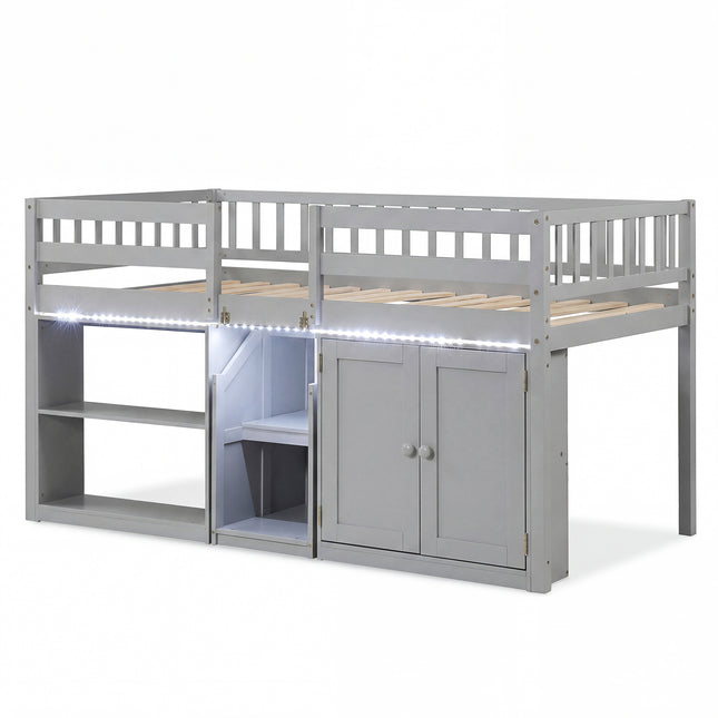 Twin Size Loft Bed with LED Lights and Kids Wooden Bed Frame-Gray